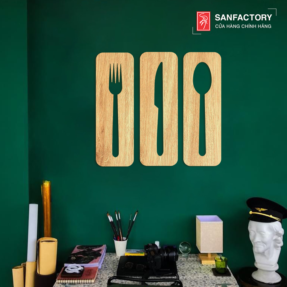SET 3 bảng gỗ dán tường decor nhà bếp hình Muỗng, Nĩa, Dao dán tường