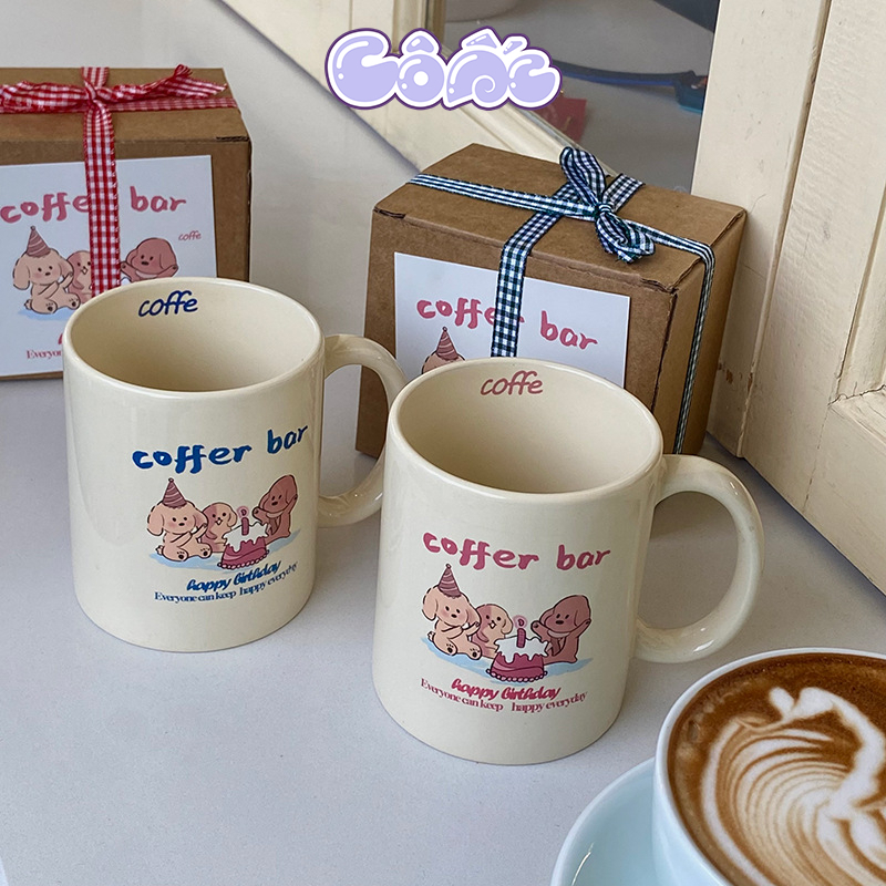 Cốc Sứ Tráng Men Coffee Bar Họa Tiết Hoạt Hình Chúc Mừng Sinh Nhật Kèm Hộp Và Nơ C04