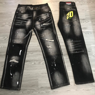 Quần jean nam ống rộng D2 vá rách vảy sơn nhẹ, quần ống suông nam đen rách vá vả sơn TV676o