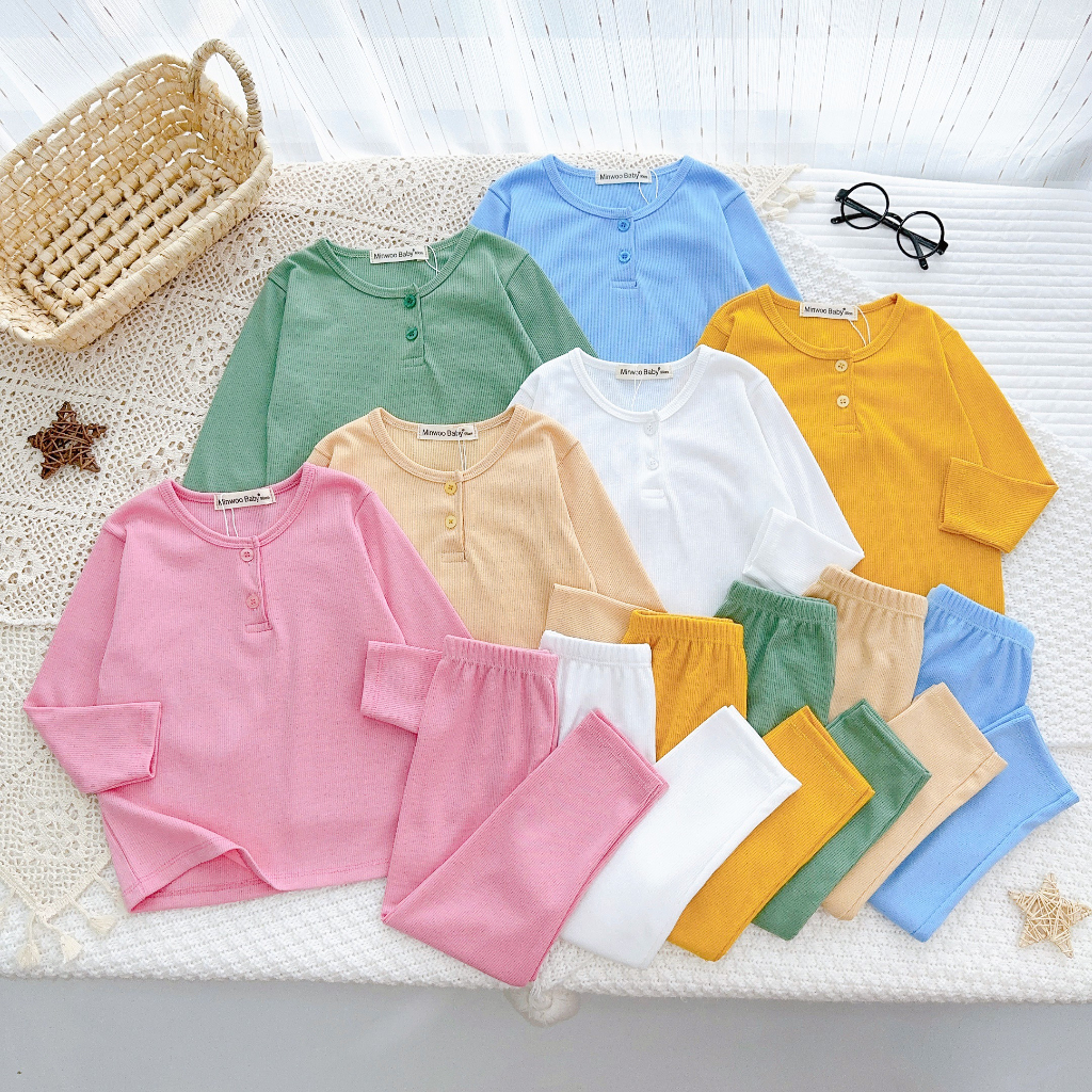 Bộ dài tay gân tăm thun tăm nút cổ cho bé gái bé trai Minky Mom từ 7-32kg