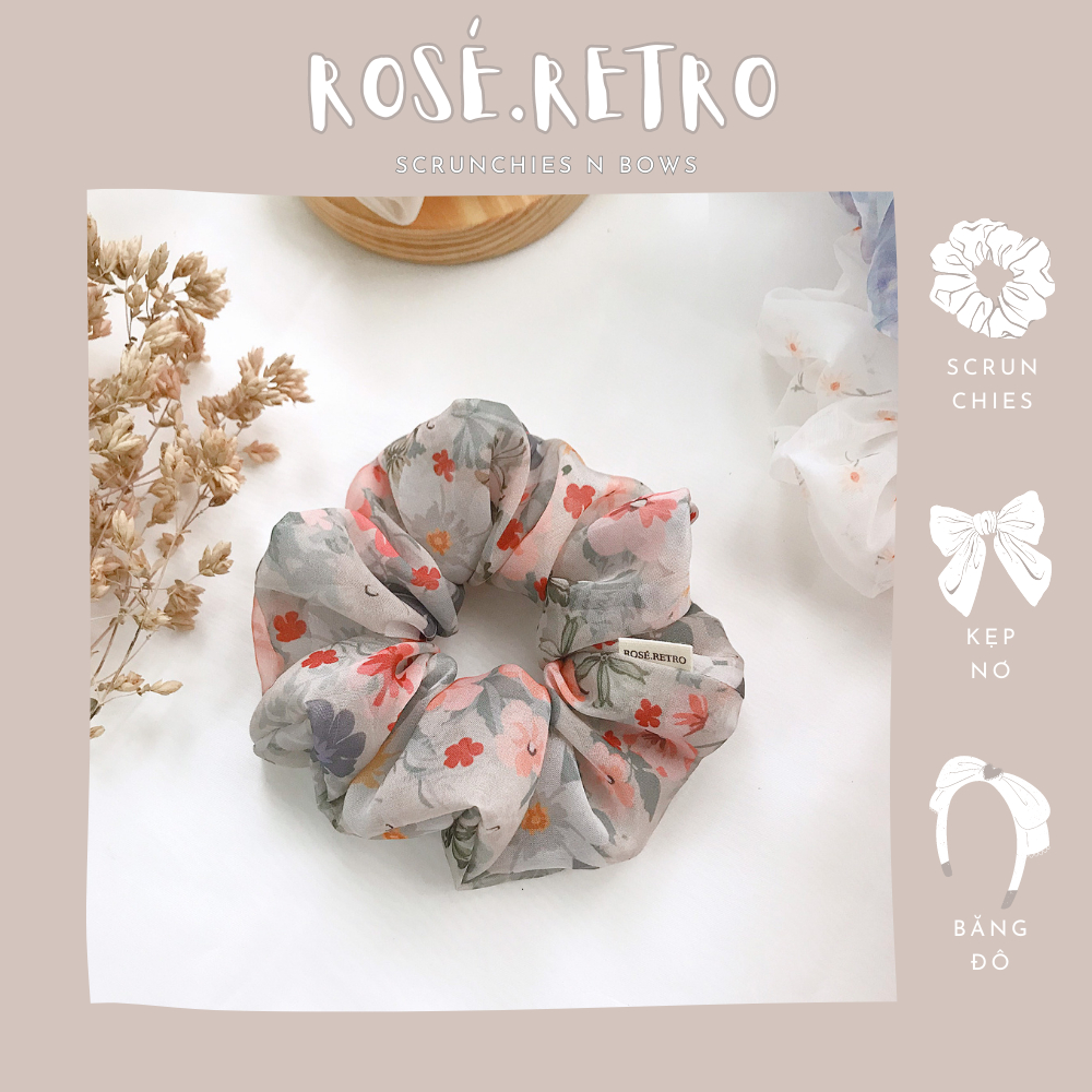 Dây buộc tóc Scrunchie size lớn bồng bềnh chất voan hoa xinh xắn phong cách nàng thơ Hàn Quốc