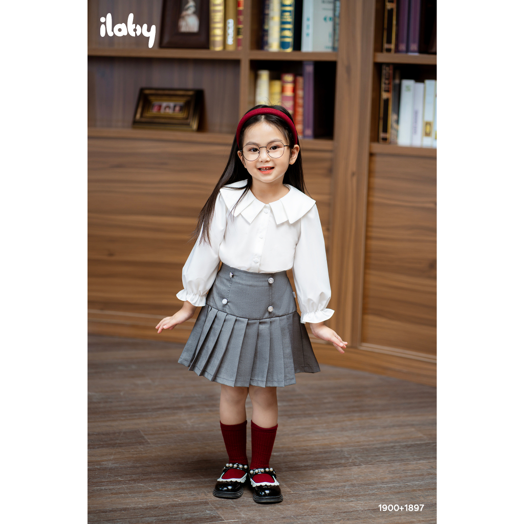 Áo sơ mi đi học dài tay bé gái ILABY hai tầng lá cổ chất liệu thô cotton cho bé 10-35kg