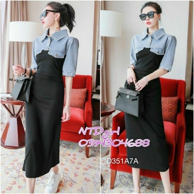Đầm Body Đen Phối Jeans Tay Lỡ ,Váy Cotton Zip Pha Bò Cổ Sơ Mi Dáng Dài Sang Trọng Cho Nữ Đi Làm Đi Chơi -V3517