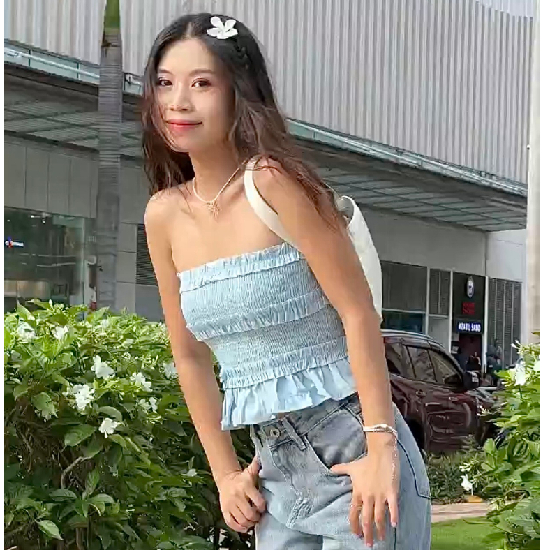 Áo ống jean denim nữ VMSTYLE croptop bèo nhún thân nhiều tầng cá tính 7186 - ASU00422