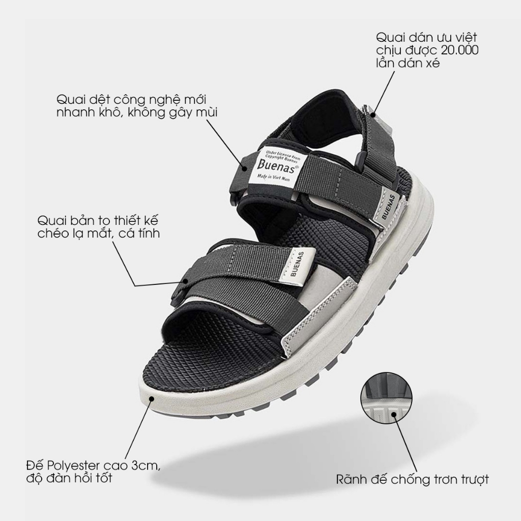 Giày sandal nam nữ unisex Buenas Sport SD-2628 màu đen - ghi học sinh quai hậu đế cao 3 phân