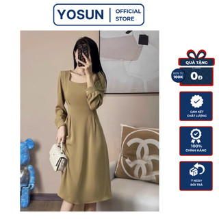 [ẢNH THẬT CUỐI] Đầm Nữ Cổ Vuông Thắt Nơ Eo Tay Dài Cổ Điển, Đầm Nữ Đi Du Lịch Form Ngắn Dáng Xòe Sang Chảnh Màu Kem
