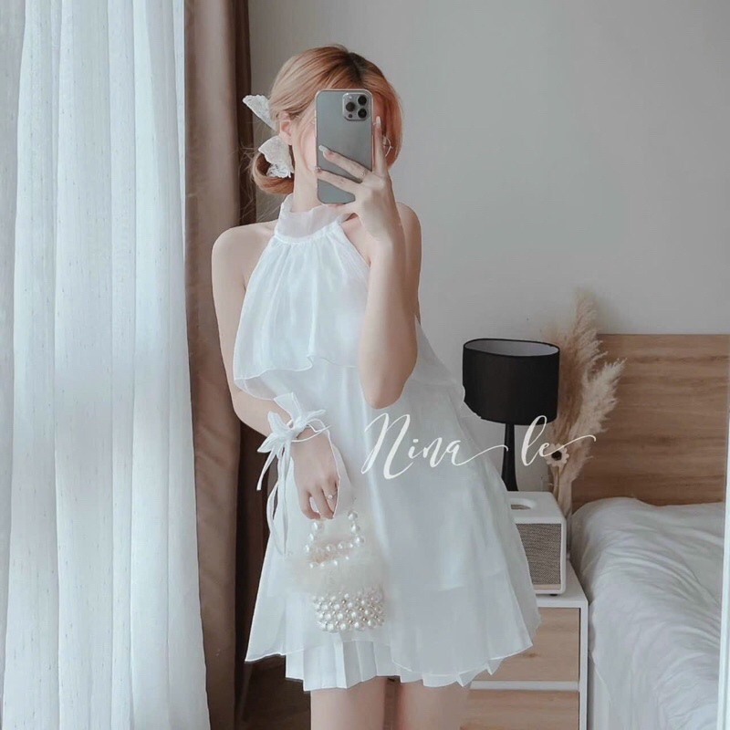 *Sét áo xếp tầng cổ bèo thời trang nữ mặc đi chơi chất liệu voan cột nơ sau kèm chân váy dập ly có lót có dây nơ tay