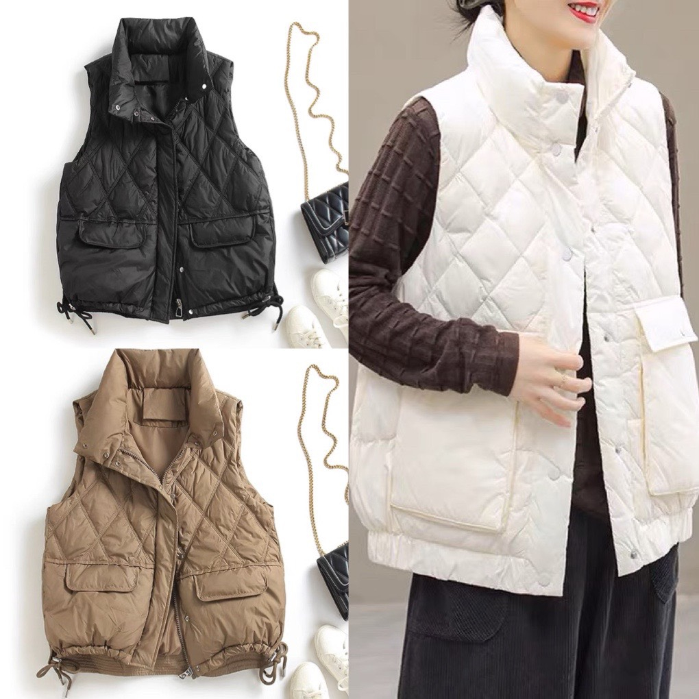 Áo gile phao trần trám túi vuông cao cổ 3 lớp dày dặn, áo khoác phao ngắn tay sát nách màu đen nâu trắng form rộng