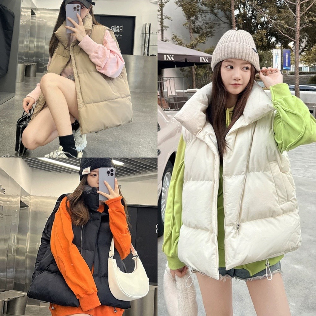 Áo phao gile form rộng trần bông 3 lớp cao cổ màu đen trắng nâu, áo khoác phao ngắn tay sát nách form rộng ulzzang
