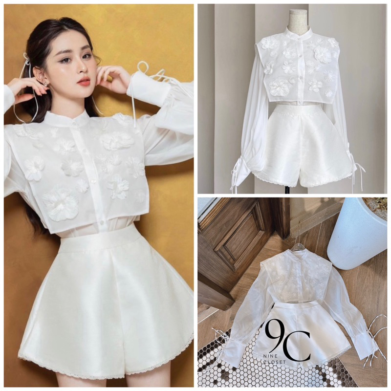 Set áo tay phồng tiểu thư kết bông + short viền ren