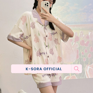 Bộ đồ ngủ nữ K-SORA cổ vest chất Cotton gân mềm cao cấp, Bộ mặc nhà nữ mùa hè form rộng thoáng mát