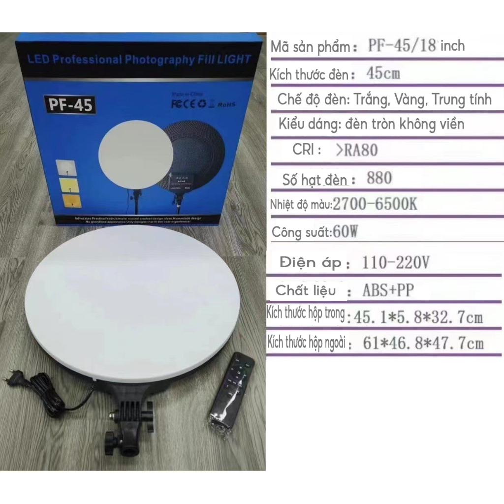 Đèn LED Ring Tròn Tràn Viền PF-26/PF-45 Kích thước 22cm 45cm cho Studio Livestream Spa quay phim chụp ảnh