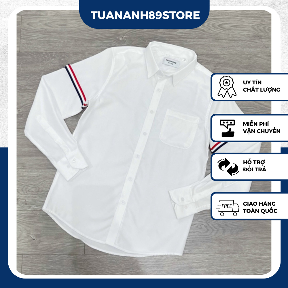 Áo Sơ Mi Trắng Dài Tay Hai Tay Thêu Dệt Đỏ