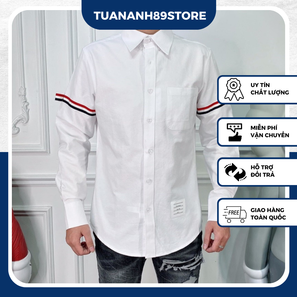 Áo Sơ Mi Trắng Dài Tay Hai Tay Thêu Dệt Đỏ