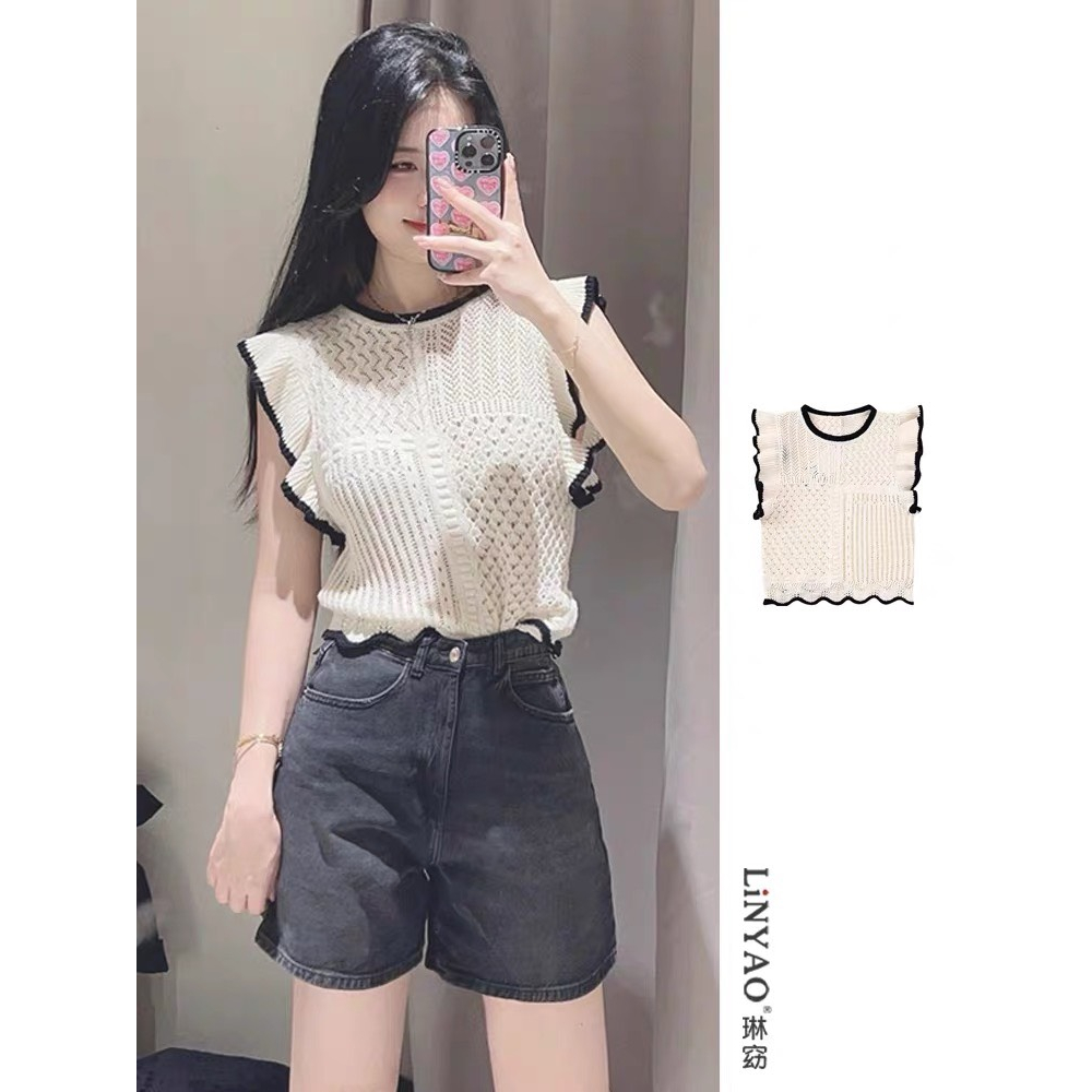 Áo len lưới mỏng tay cánh tiên cổ tròn hàng Quảng châu