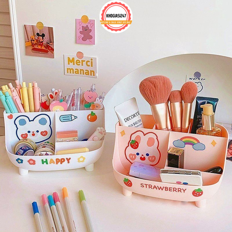 Khay nhựa đựng bút 6 ngăn để bàn, tặng kèm Sticker trang trí xinh xắn, khay cắm bút, đựng đồ lặt vặt để bàn mini