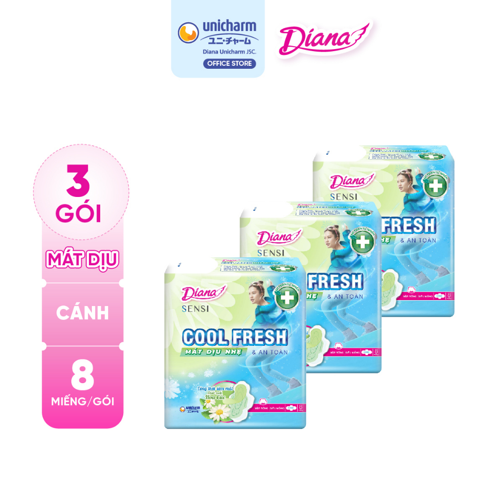 Bộ 3 gói băng vệ sinh Diana Sensi Cool Fresh Mát Dịu Siêu Mỏng Cánh 8 miếng/gói