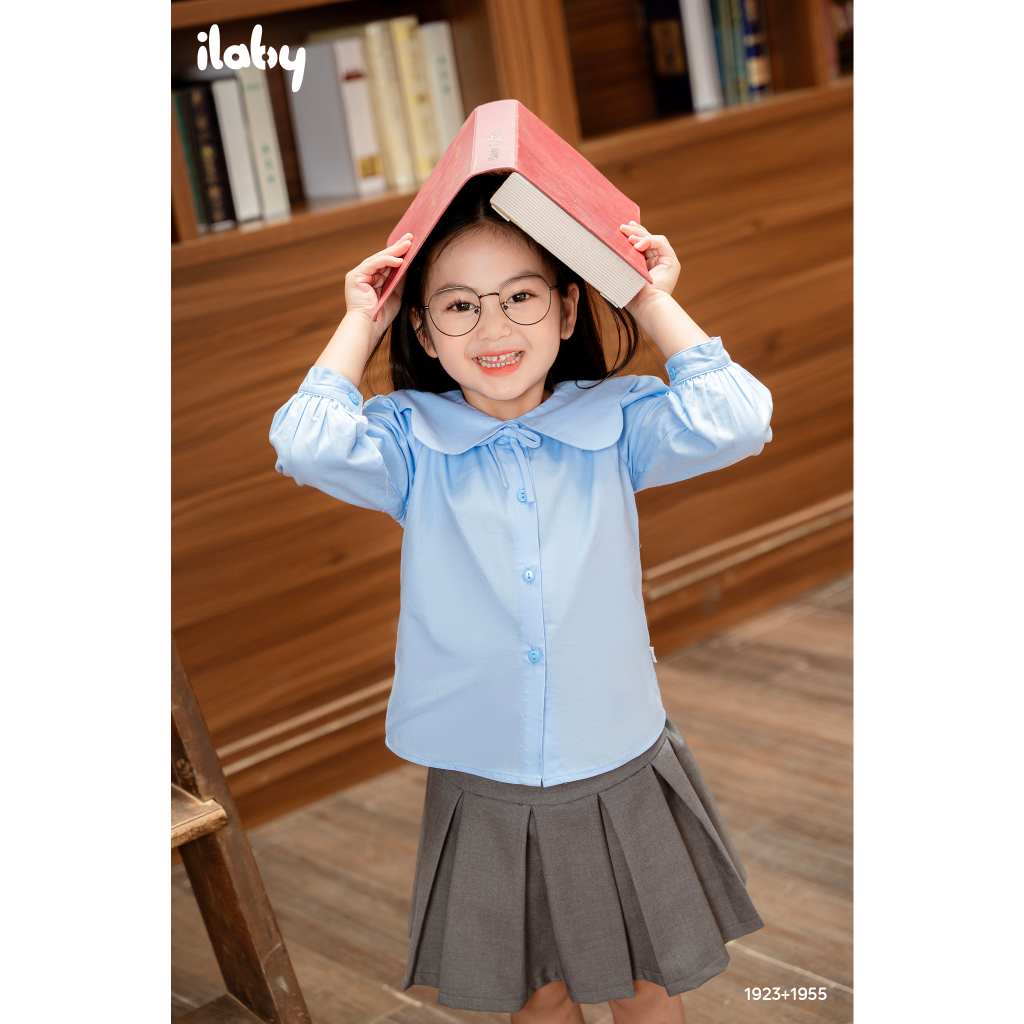 Áo sơ mi đi học dài tay bé gái ILABY cổ cách điệu lượn sóng chất liệu thô lụa cho bé 13-35kg