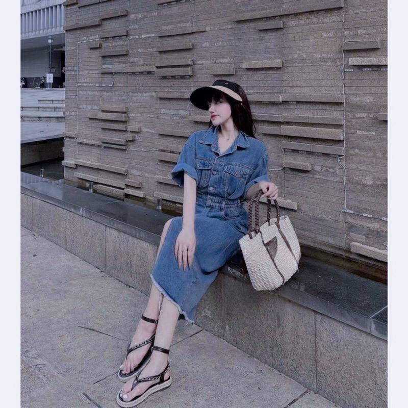 Váy bò dáng dài xẻ tà trước viền tua rua hàng quảng châu siêu đẹp - Đầm jean nữ
