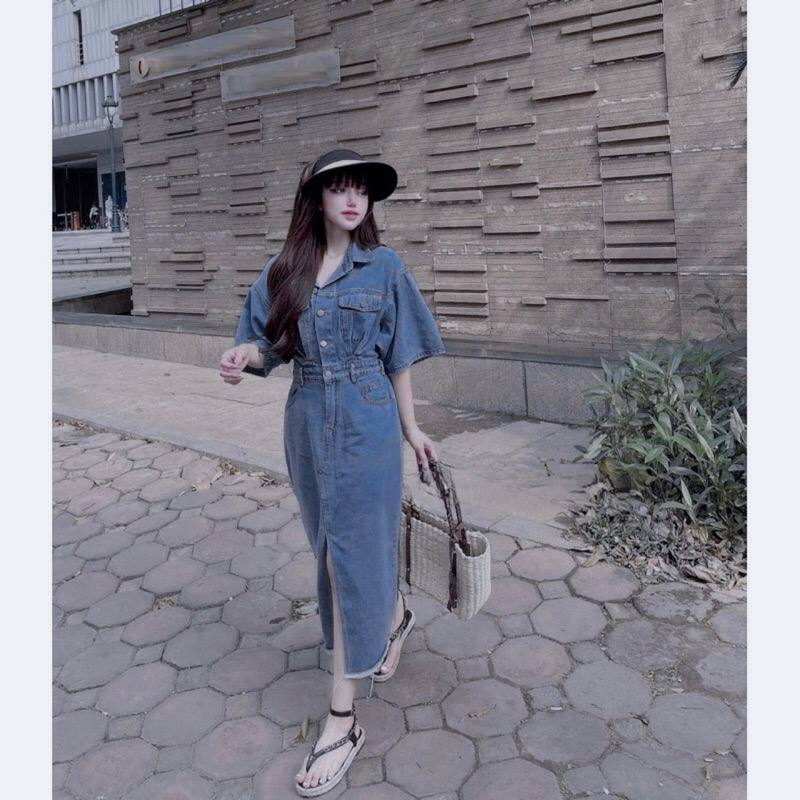 Váy bò dáng dài xẻ tà trước viền tua rua hàng quảng châu siêu đẹp - Đầm jean nữ