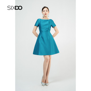 Đầm mini Taffeta xanh cổ vịt dáng xòe phối cúc thời trang SIXDO