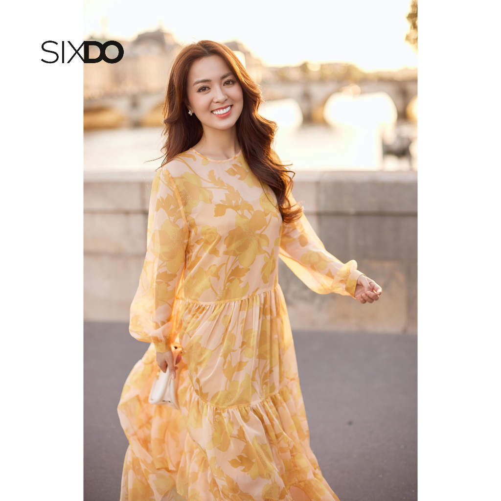 Đầm maxi voan hoa vàng tay bồng thời trang SIXDO (Yellow Floral Ruffled Midi Voile Dress)