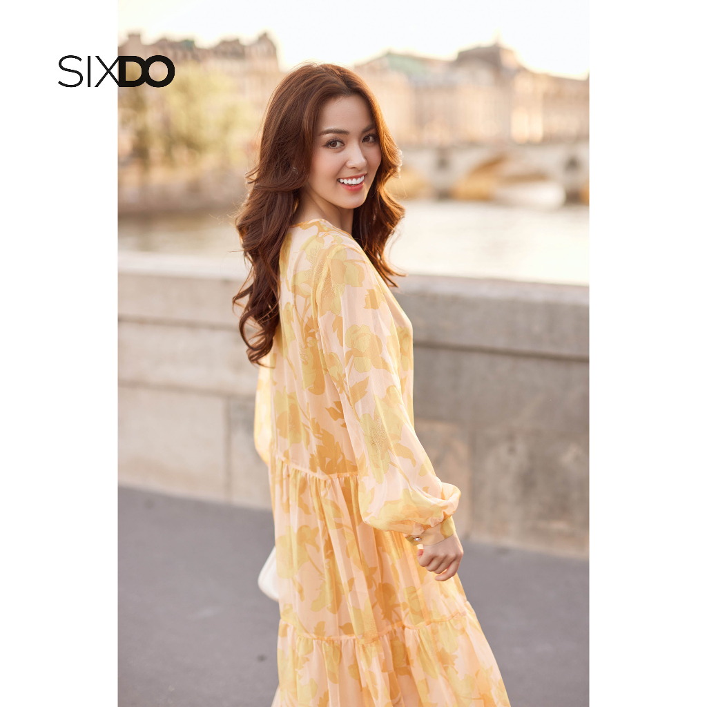 Đầm maxi voan hoa vàng tay bồng thời trang SIXDO (Yellow Floral Ruffled Midi Voile Dress)