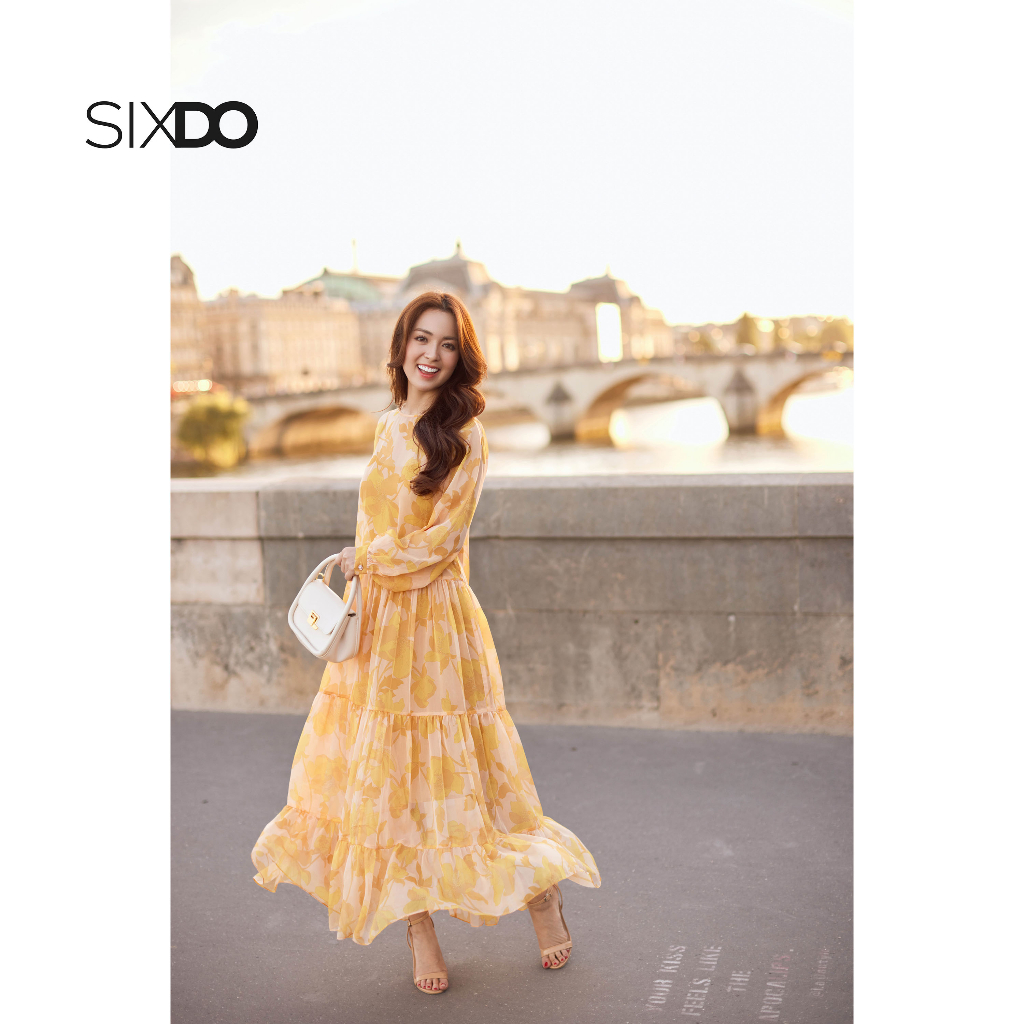Đầm maxi voan hoa vàng tay bồng thời trang SIXDO (Yellow Floral Ruffled Midi Voile Dress)