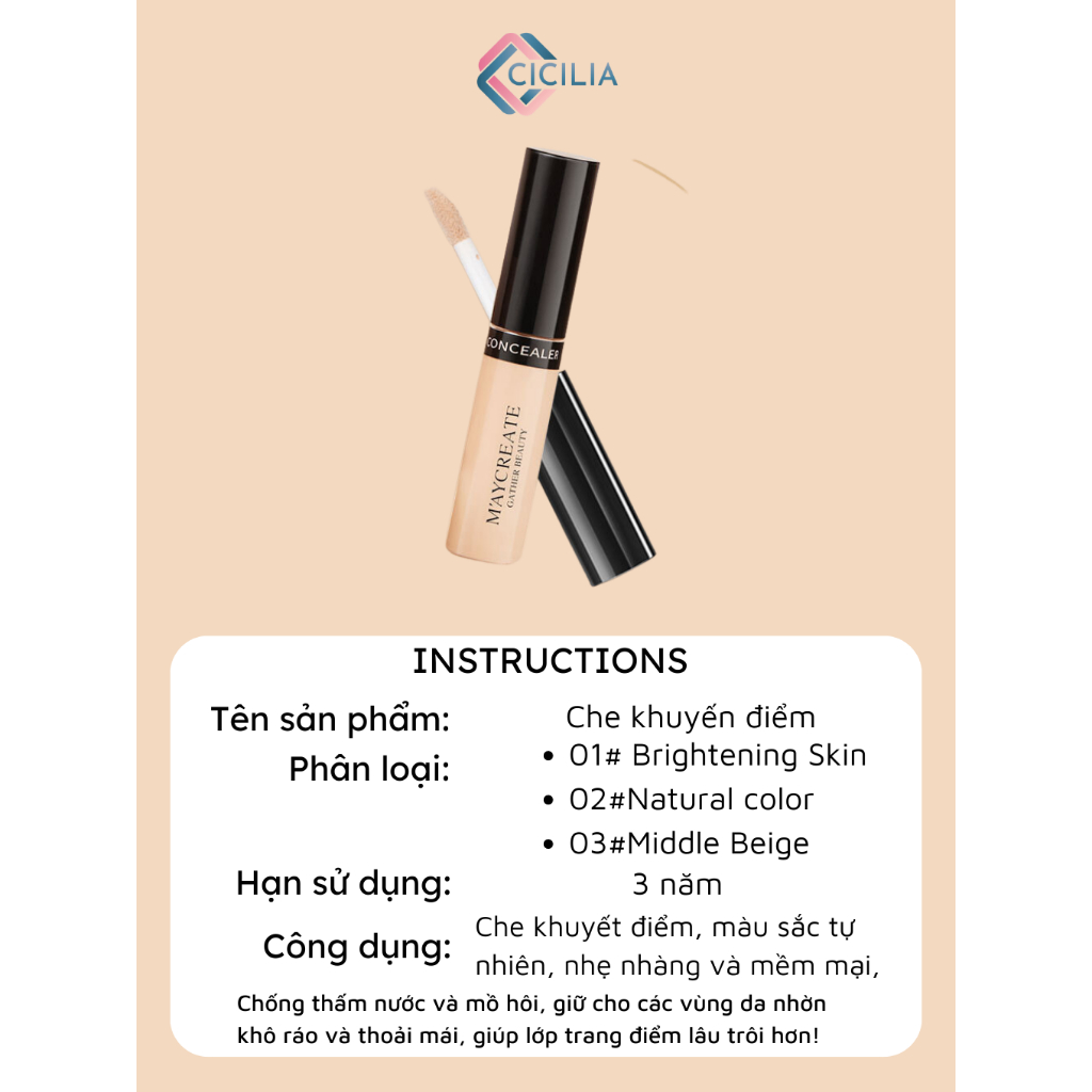 Kem Che Khuyết Điểm CICILIA Gồm 3 Màu Chuyên Dụng Che Phủ Hiệu Quả Lâu Trôi CI-011