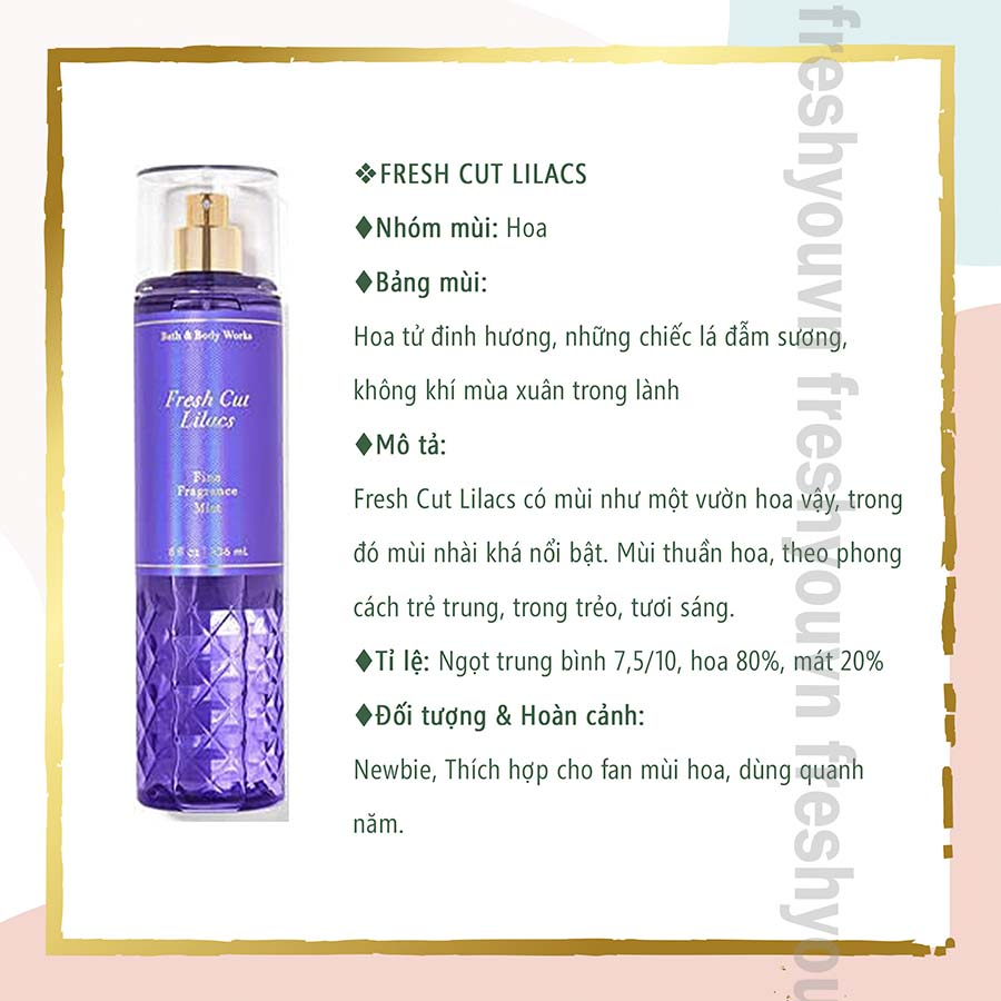 Fresh Cut Lilacs - Full Xịt thơm toàn thân body mist Bath & Body Works Lilac - Hoa