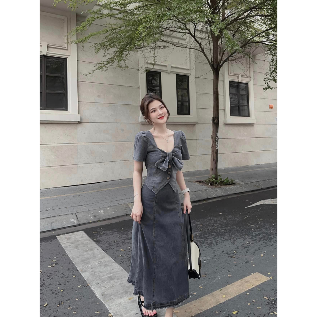 Set bò nữ áo cổ nơ + chân váy dài hàng quảng châu siêu đẹp - Set jean nữ