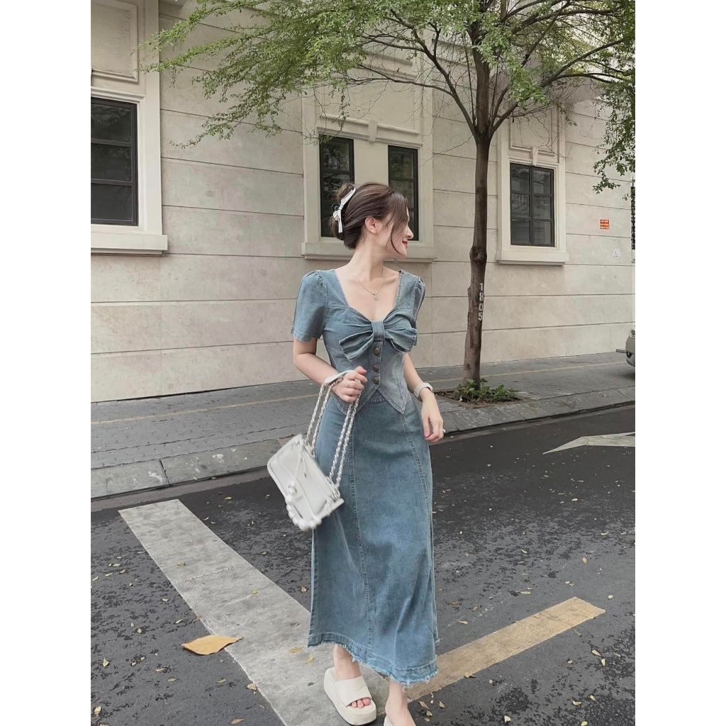 Set bò nữ áo cổ nơ + chân váy dài hàng quảng châu siêu đẹp - Set jean nữ