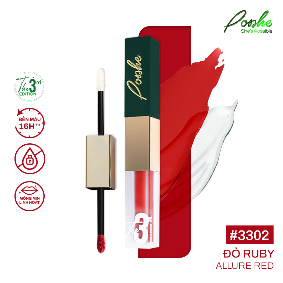 Son 2 Đầu POSSHE 3302 Đỏ Ruby - Siêu Lì 7ml  Không Chì Lâu Trôi Bền màu 16h