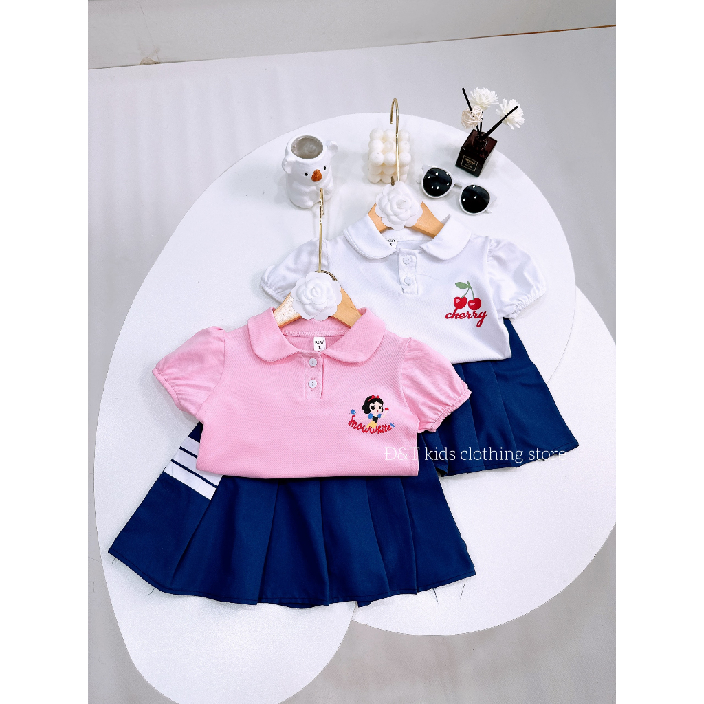 Set áo polo cổ sen mix chân váy xếp ly cho bé mặc đi học, đi chơi 8-23kg