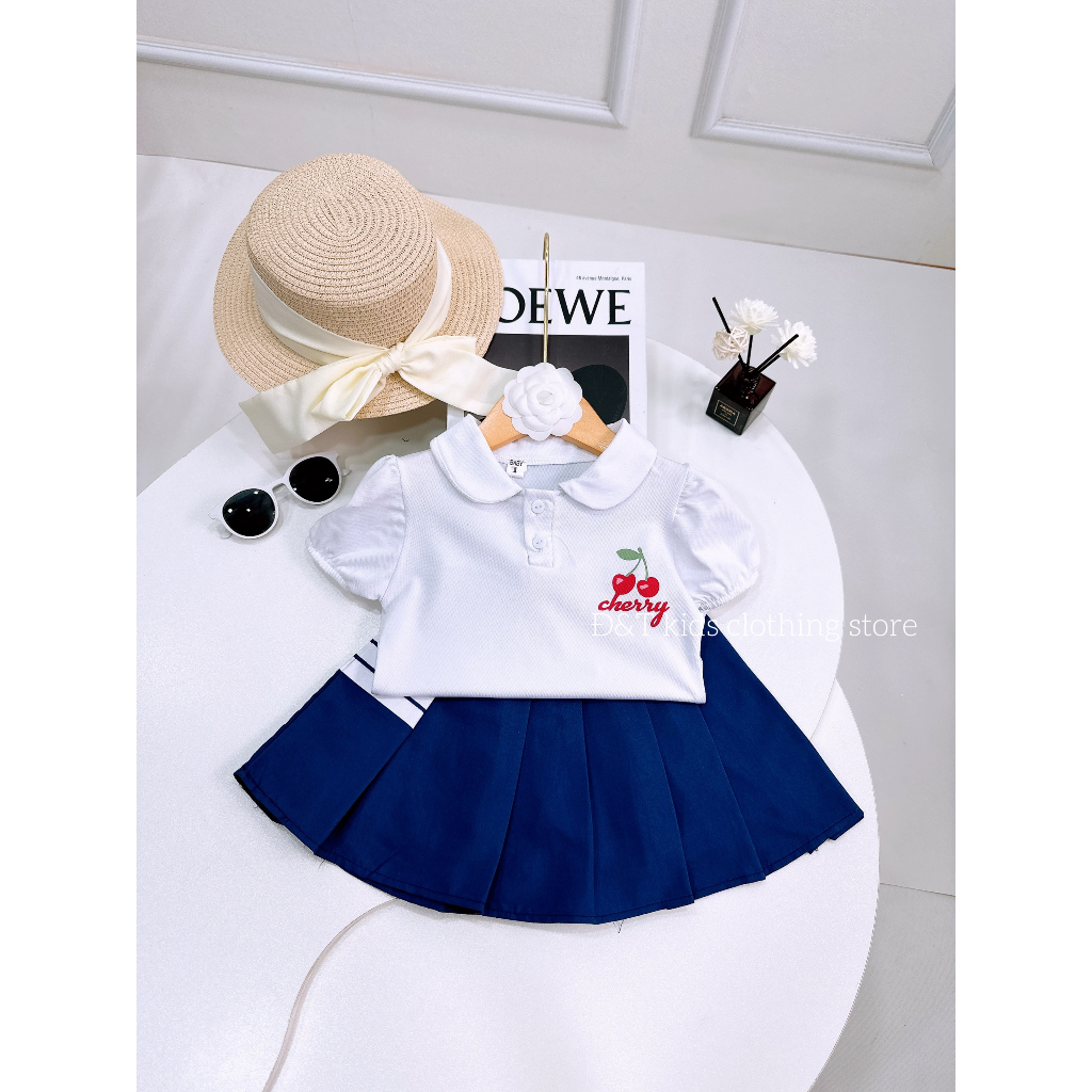 Set áo polo cổ sen mix chân váy xếp ly cho bé mặc đi học, đi chơi 8-23kg