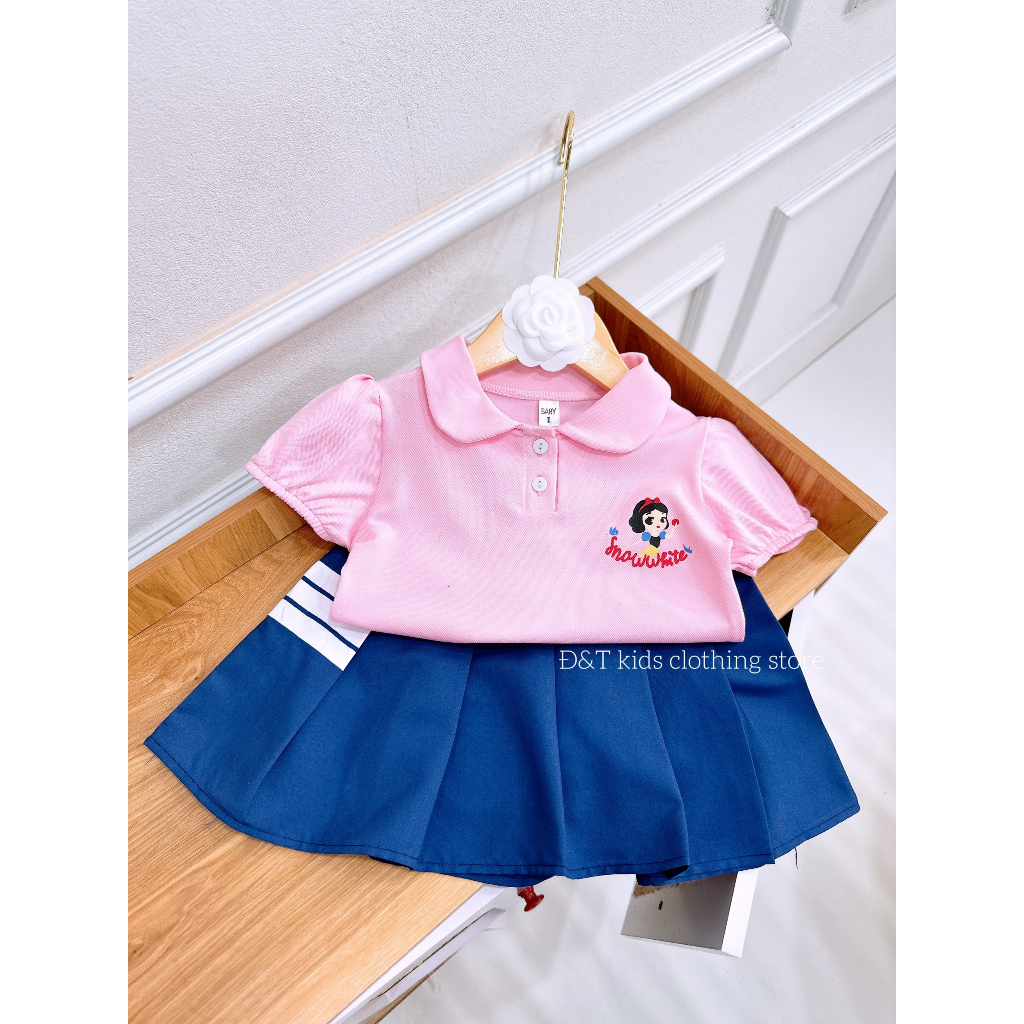 Set áo polo cổ sen mix chân váy xếp ly cho bé mặc đi học, đi chơi 8-23kg