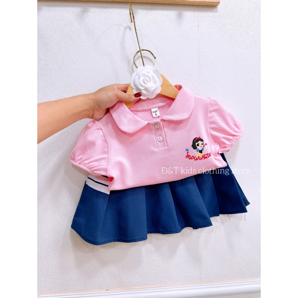 Set áo polo cổ sen mix chân váy xếp ly cho bé mặc đi học, đi chơi 8-23kg