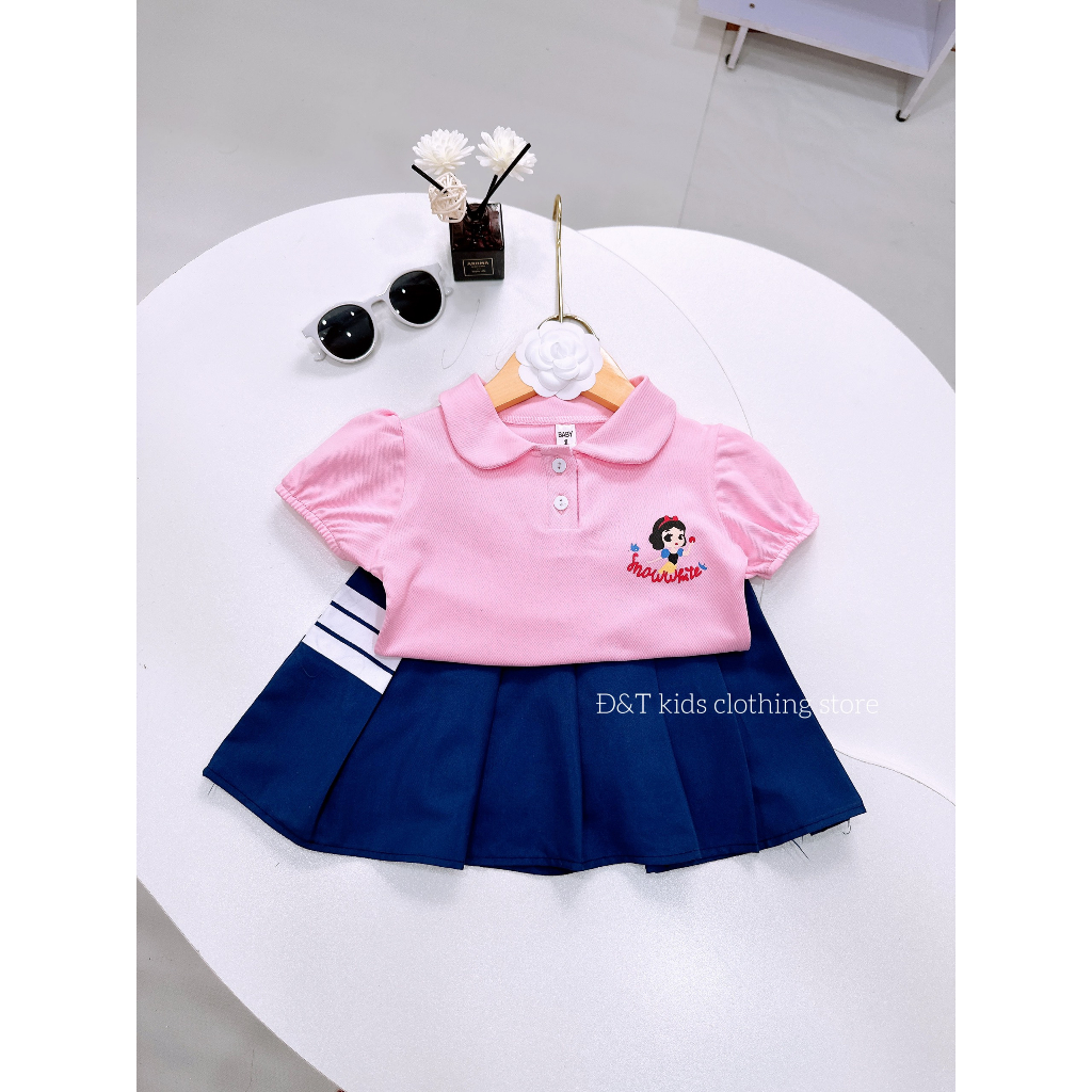 Set áo polo cổ sen mix chân váy xếp ly cho bé mặc đi học, đi chơi 8-23kg