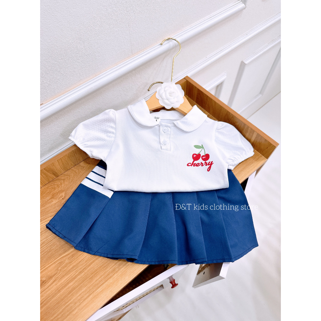 Set áo polo cổ sen mix chân váy xếp ly cho bé mặc đi học, đi chơi 8-23kg