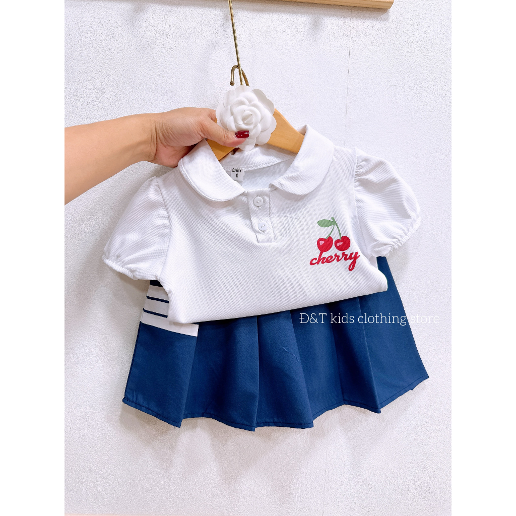 Set áo polo cổ sen mix chân váy xếp ly cho bé mặc đi học, đi chơi 8-23kg