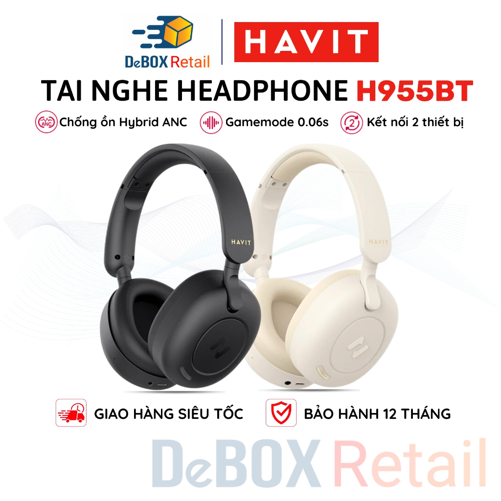 Tai Nghe Headphone Bluetooth HAVIT H655BT, BT 5.3, Chống Ồn Chủ Động ANC, Gamemode 0.06s, Nghe Đến 65H - Hàng Chính Hãng