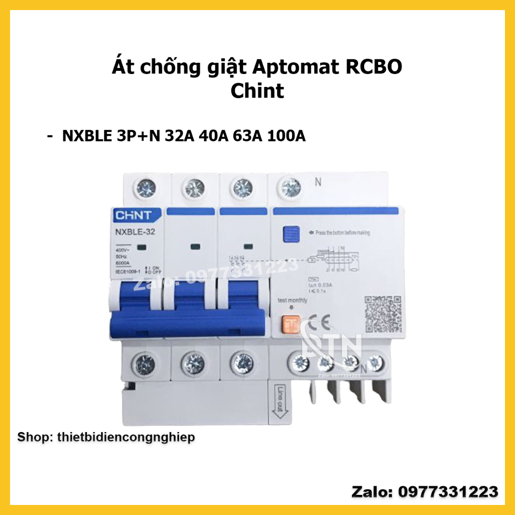 Chint RCBO Át chống giật Aptomat NXBLE 3P+N 32A 40A 63A 100A