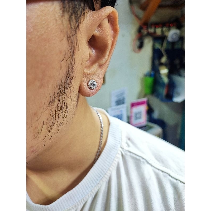 Bông tai bạc 925 tròn Mono mạnh mẽ giấu chấu chủ 6ly tấm viền 1ly2