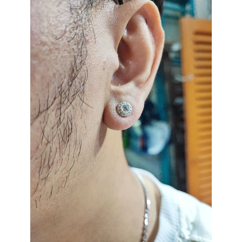 Bông tai bạc 925 tròn Mono mạnh mẽ giấu chấu chủ 6ly tấm viền 1ly2