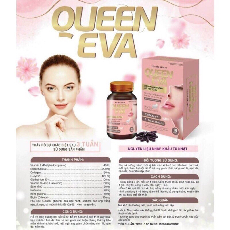 Viên uống Collagen sáng da QUEEN EVA, giúp làm đẹp da tăng cường nội tiết tố nữ, hạn chế lão hóa da - Hộp 30 viên