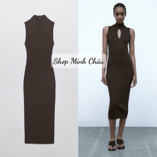 Váy midi nâu sát nách cổ trụ khoét ngực Zarraa canh sale