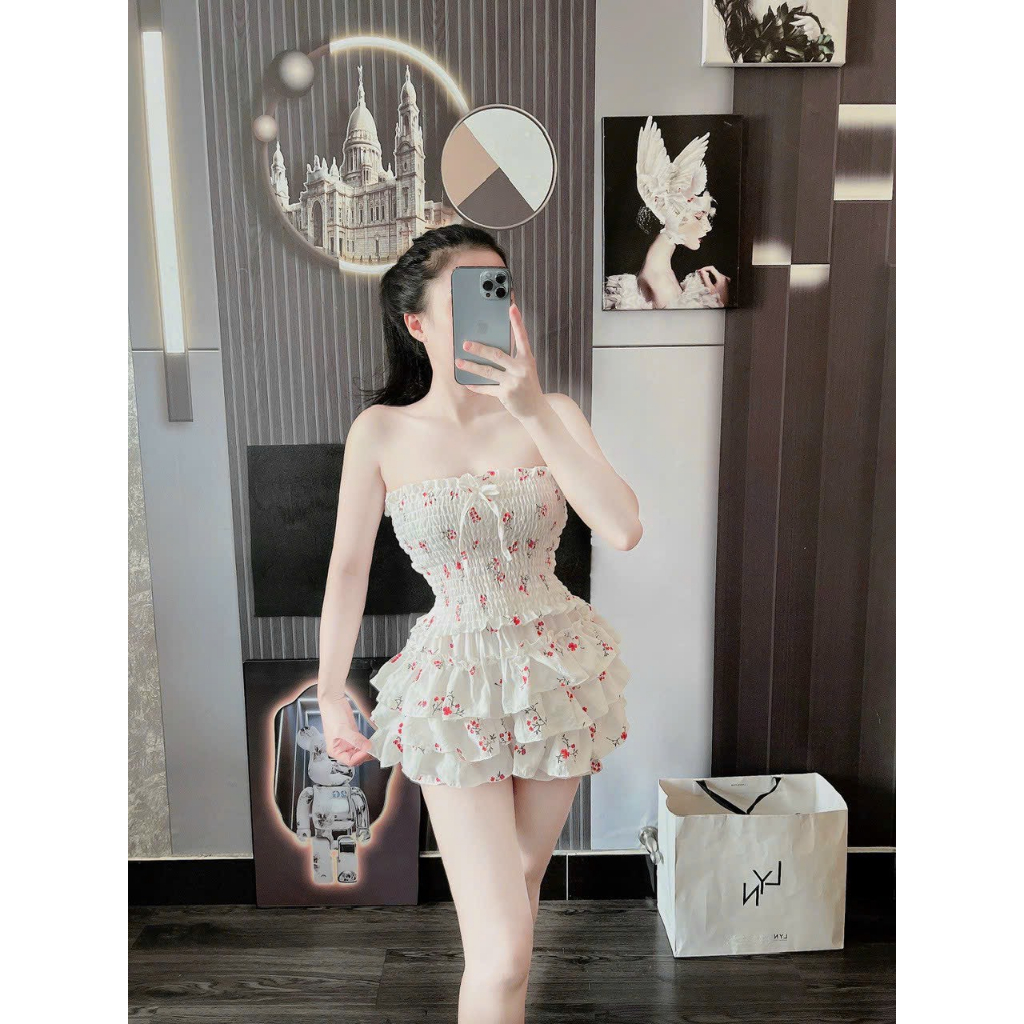Set xốp hoa nhí gồm áo tầng bo nhún mix chân váy tầng siêu cưng