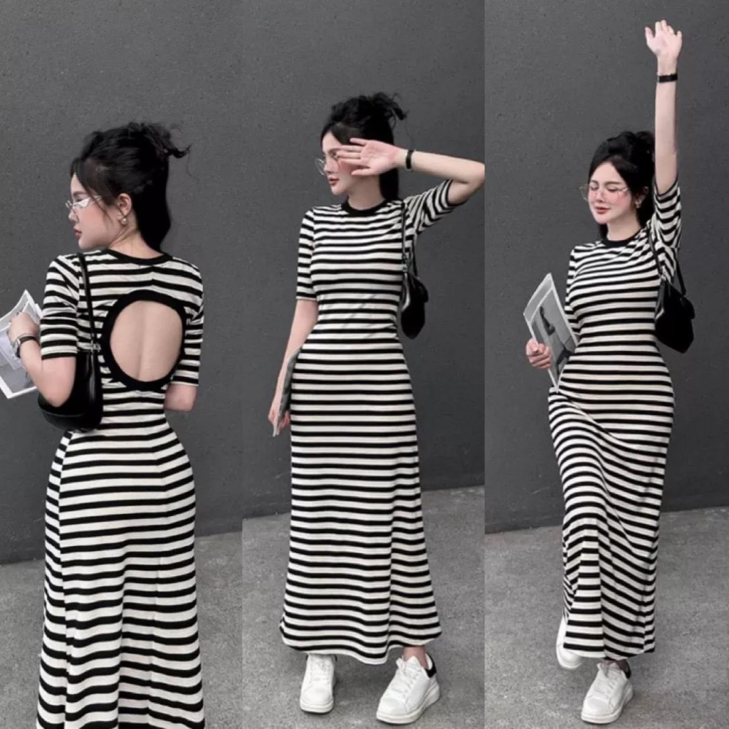 Đầm body kẻ sọc dáng dài tay ngắn cổ tròn cut out lưng chất thun gân cho nàng năng động