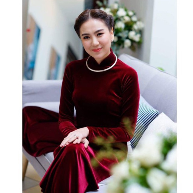 Áo Dài Nhung Đỏ Đậm Cổ Cao Truyền Thống Chất Vải Nhung Cao Cấp