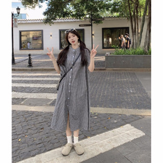 mie studio - Đầm caro đen trắng dáng dài rộng babydoll cổ đức cài khuy